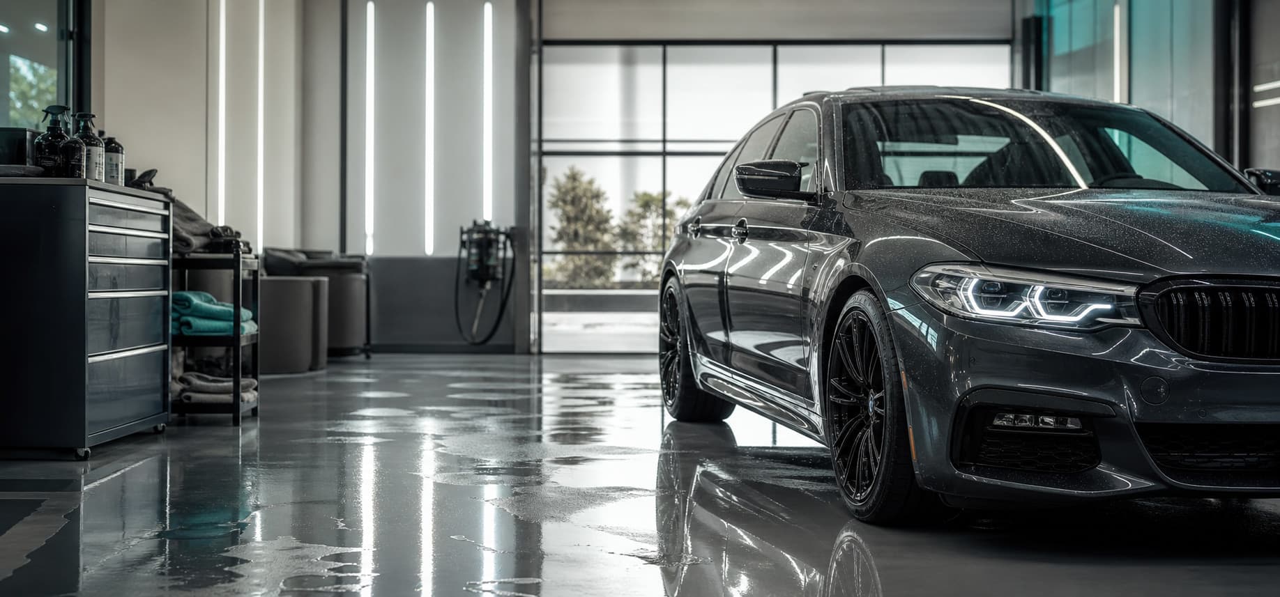 Collector car in a clean detailing bay