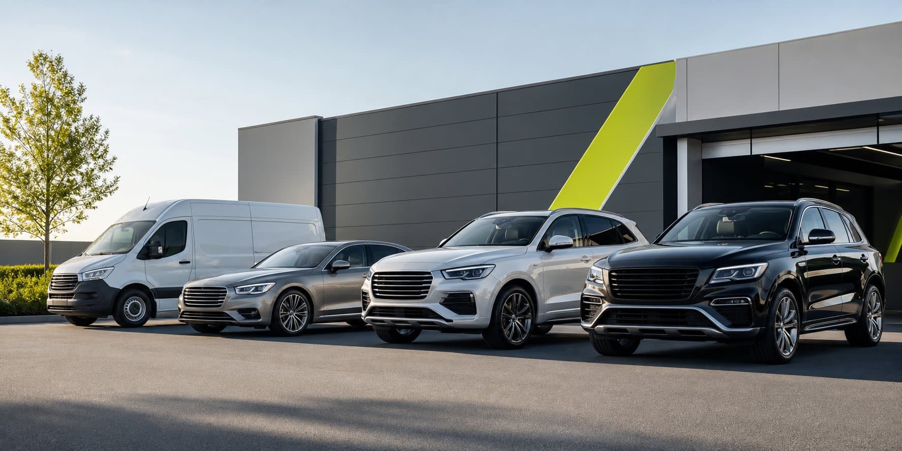 A coordinated group of clean business vehicles outside a detailing facility